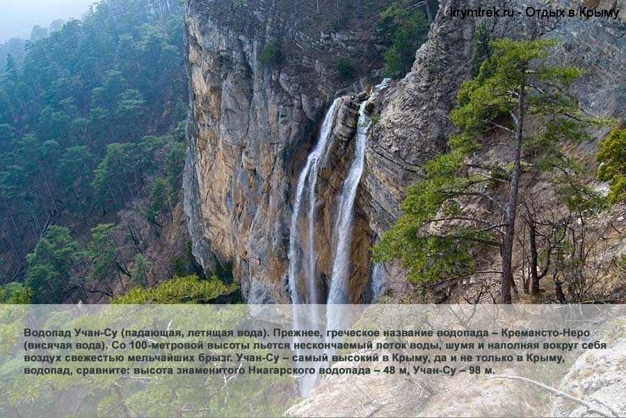 Водопад Учан-Су (падающая, летящая вода). Прежнее, греческое название водопада – Кремансто-Неро (висячая вода). Со 100-метровой высоты льется нескончаемый поток воды, шумя и наполняя вокруг себя воздух свежестью мельчайших брызг. Учан-Су – самый высокий в Крыму, да и не только в Крыму, водопад, сравните: высота знаменитого Ниагарского водопада – 48 м, Учан-Су – 98 м.